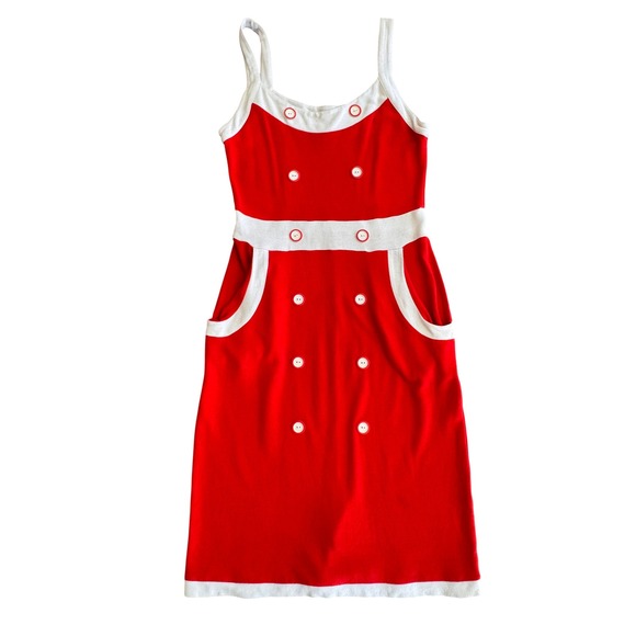 VENUS Dresses & Skirts - Venus Red White Knit Sheath Dress‎ Sleeveless Button Accent Mod Retro Sz 10